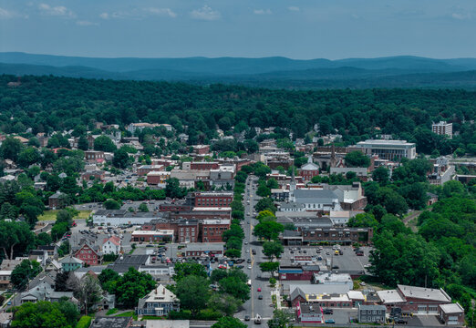 Aerial view of Greenfield, Massachusetts in earl summer 
