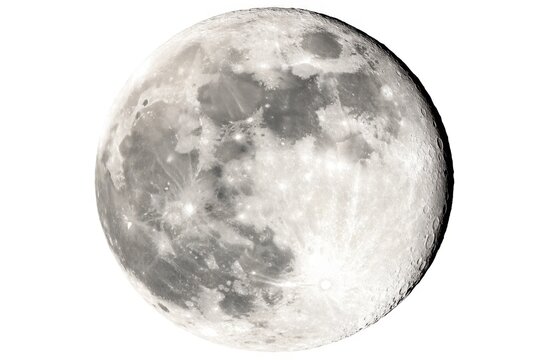 Highly Detailed Full Moon Isolated on Pure White Background Showing Craters and Lunar Surface Texture