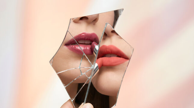Woman applying lipstick in a shattered mirror close up shot