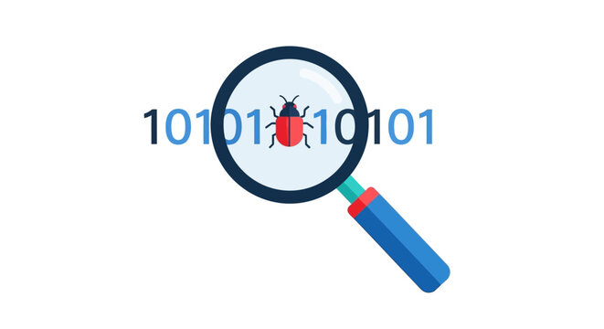 Software Bug Discovery and Malware Analysis Concept with Magnifying Glass and Binary Code Vector Illustration
