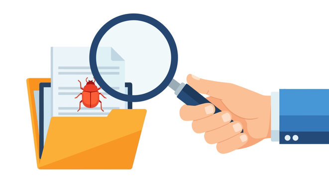 Hand Holding Magnifying Glass Inspecting Folder with Computer Virus Bug. Cyber Security, Software Debugging, and Malware Detection Concept Vector Illustration.