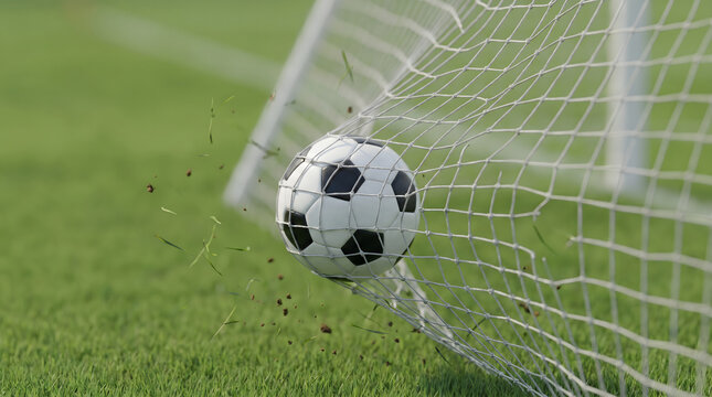 Soccer ball hitting the goal net with grass debris flying in slow motion