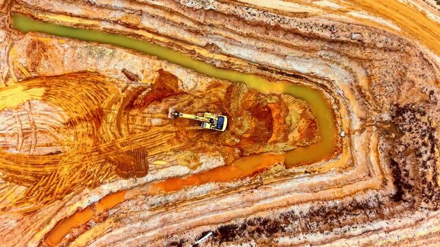 Overhead drone view of excavator working in layered sand quarry, Bulgaria. Top-down shot of one yellow machine surrounded by concentric orange and beige sediment rings and olive water channel.