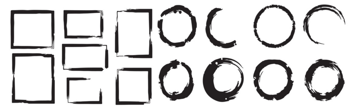 Brush stroke shapes collection rectangles and circles black on white