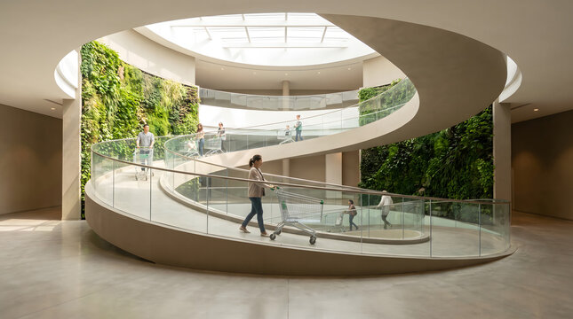 Shoppers pushing shopping carts on a spiral staircase inside a modern shopping mall with green walls and glass railings