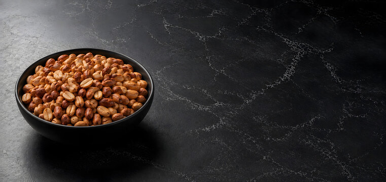 Bowl of Roasted Salted Peanuts on Black Marble Background with Copy Space