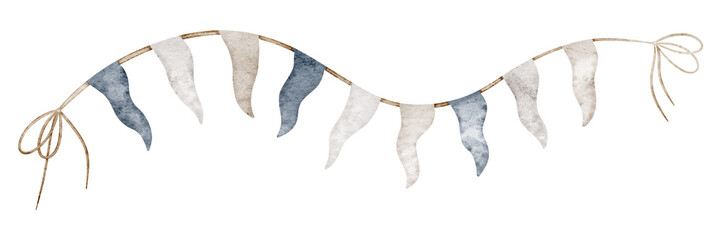 Garland watercolor illustration. Hanging pennant banner isolated on background. Decorative celebration element for nursery decor, baby party invitations and festive greeting cards. © Alisles