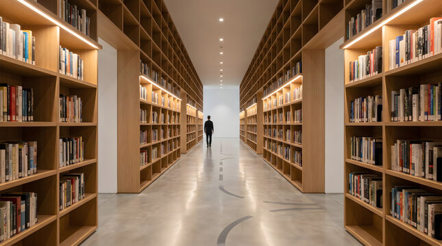 A reader walking through a long corridor lined with wooden bookshelves in a modern library