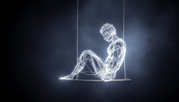 Luminous digital man sitting on a swing within a dark atmospheric ethereal void