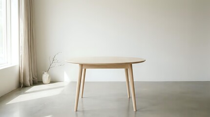 Fototapeta premium Minimalist wooden dining table with natural light from window, modern Scandinavian interior design, empty room with concrete floor and neutral decor for home furnishing concepts.