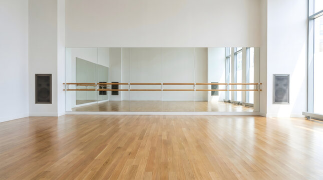 Bright dance studio with wooden floor and mirrored wall featuring ballet barre and natural light