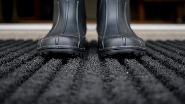 Black rubber boots step onto a textured doormat. The close-up shot emphasizes the entrance to a home.