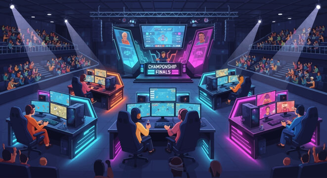 A vibrant esports arena filled with players at their stations, illuminated by neon lights, with a cheering crowd in the background.