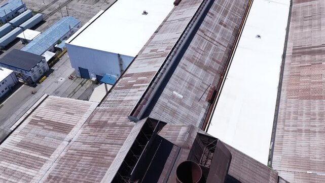Abandoned industrial factoryware house in Detroit Michigan roof top drone view