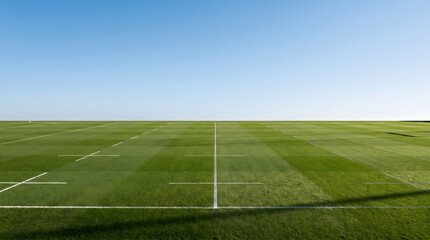 Obraz premium Empty rugby field with lush green grass under clear blue sky wide angle view