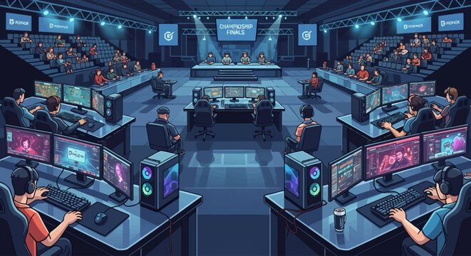 An overhead view of a vibrant esports arena with multiple teams competing on gaming PCs, surrounded by an audience and a central stage.