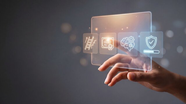 Hand touching glowing holographic virtual screen displaying career ladder, certificate, brain gear, and verified shield progress icons on soft gray background
