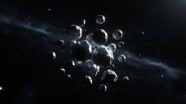 A cluster of asteroids drifts through the vast, star-filled expanse of space. These celestial bodies move slowly in the darkness.