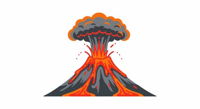 A stylized erupting volcano spews fiery lava and dark ash into the sky