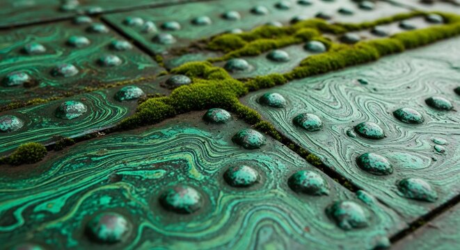 Close-up of Textured Green Surface with Moss and Rivets.