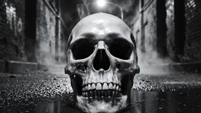 Eerie black and white shot of a human skull floating in water within a mysterious alleyway at night