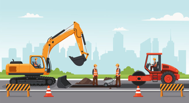 Construction Site Vector Illustration Featuring Excavator Road Roller and Workers on a City Background Project Site Scene