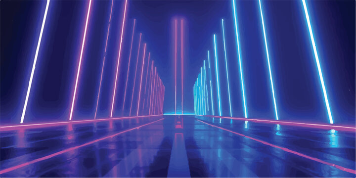 Long dark corridor featuring parallel purple and blue neon light pillars corridor futuristic abstract perspective technology structure background reflection synthwave retrowave creative