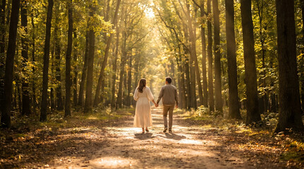 Fototapeta premium A couple holding hands walking along a sunlit forest path in autumn with golden light filtering through tall trees
