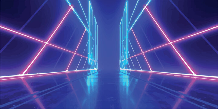 Futuristic neon tunnel with bright blue and purple glowing light frames sci fi futuristic reflection abstract technology geometric perspective background wallpaper illumination structure