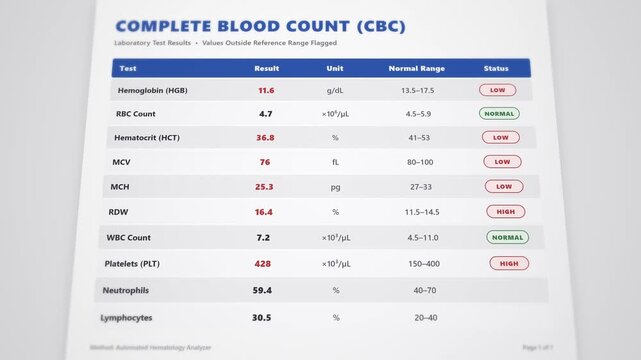Interactive detailed complete blood count laboratory report template: animated mixed test results with abnormal values flagged among normal indicators