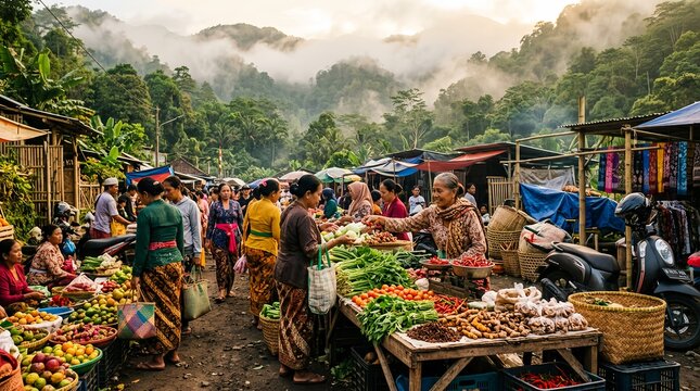 Local people shopping for fresh vegetables and spices at traditional Asian open-air market