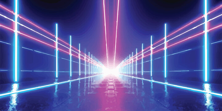 Abstract neon corridor with glowing blue and purple light beams sci fi corridor abstract reflection futuristic technology geometric perspective background wallpaper illumination structure