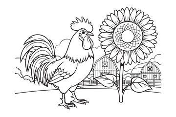 Rooster Standing Beside Sunflower Coloring Book Page. Farm rooster next to a blooming sunflower in rural countryside, black and white outline illustration for kids coloring book, printable worksheet.  © Ubay.d25