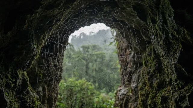 Spiderweb stretched across cave entrance, delicate silk strands glistening in dim light, rugged rock textures, mysterious atmosphere, 4K video