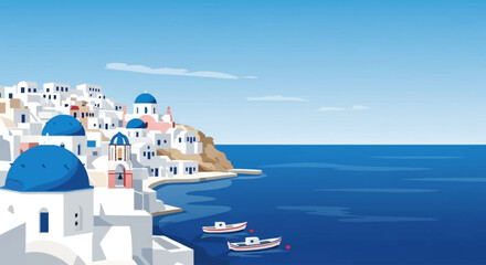 Obraz premium A beautiful illustration of a Greek island village with white buildings and blue domes overlooking the clear blue Aegean Sea, with small boats floating peacefully.