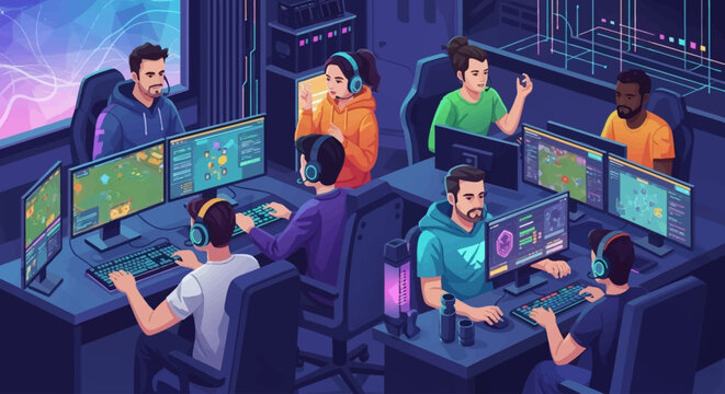 A team of diverse individuals collaborating in a dimly lit, futuristic gaming or tech office, intensely focused on their computer screens.