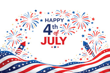Fototapeta premium Happy Fourth of July banner design patriotic celebration template with American flag and festive fireworks