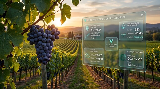 Smart vineyard with digital interface showing viticulture data