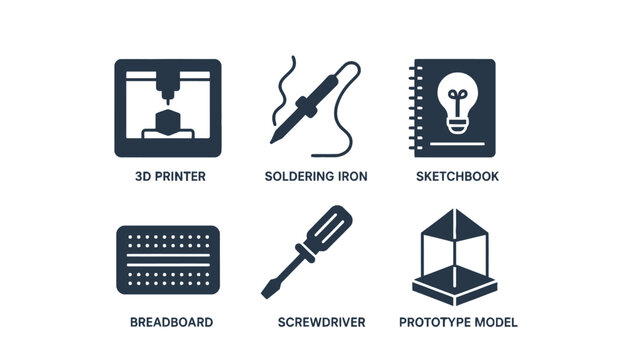 Engineering and electronics maker workshop icons set with engineering