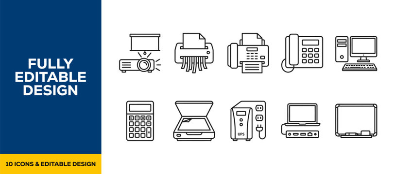 Office supplies administrative desk flat line art vector icon bundle illustration design for work organization task daily admin stationery paperwork and corporate work