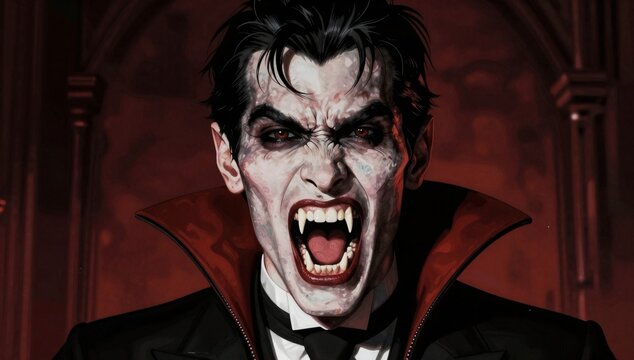 Ferocious vampire opens his mouth wide in a menacing manner, with red eyes and sharp fangs