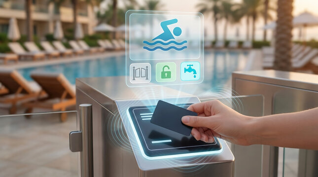 Accessing an exclusive resort swimming pool using a contactless keycard at a high-tech electronic security gate with digital HUD and holographic display.