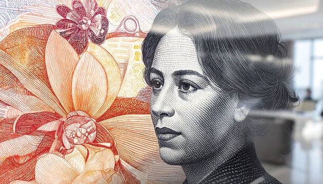 Detailed Female Portrait and Floral Banknote Design Reflected in Office Glass
