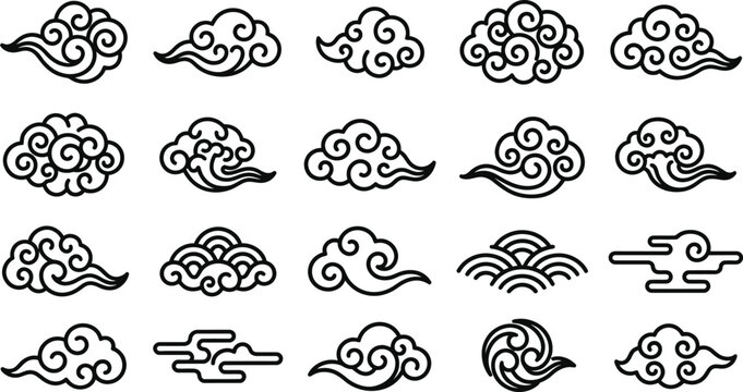Collection of black outline traditional east asian cloud motifs and wave patterns clouds