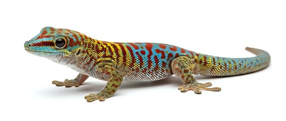 Fototapeta premium Colorful lizard with golden and turquoise patterned scales isolated on white background, suitable for wildlife education, nature design projects and reptile illustrations.