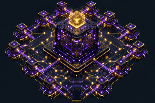 Futuristic blockchain infrastructure with interconnected quantum data nodes, secure digital ledger technology and glowing cyber network architecture. Generated AI.