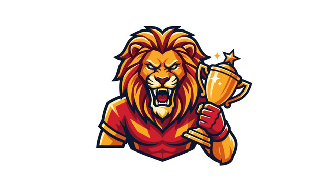 Fierce lion mascot holding a gold winner trophy cup.