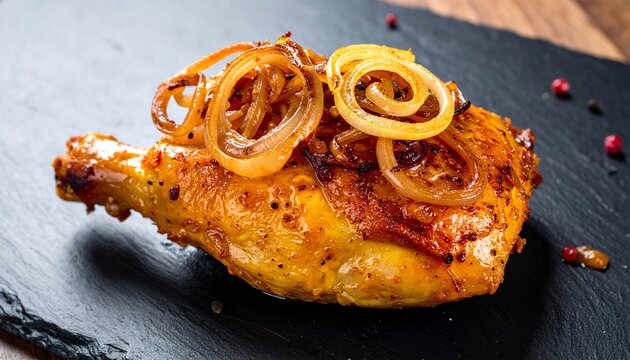 Roasted chicken. Authentic West african yassa chicken dish featuring juicy poultry topped with caramelized onion rings.