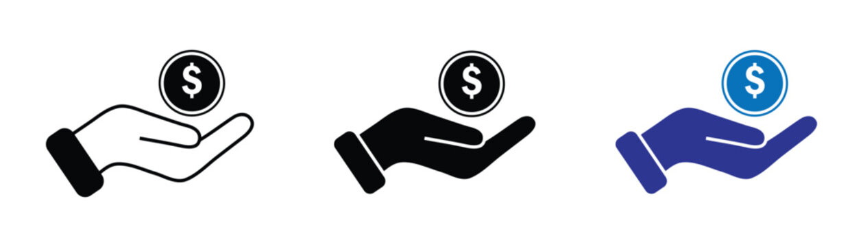 Graphic style hand holding dollar coin vector sign. Silhouette solid dollar hand symbol on white background. Coin on hand icon represents financial transactions, value transfer, and monetary rewards.