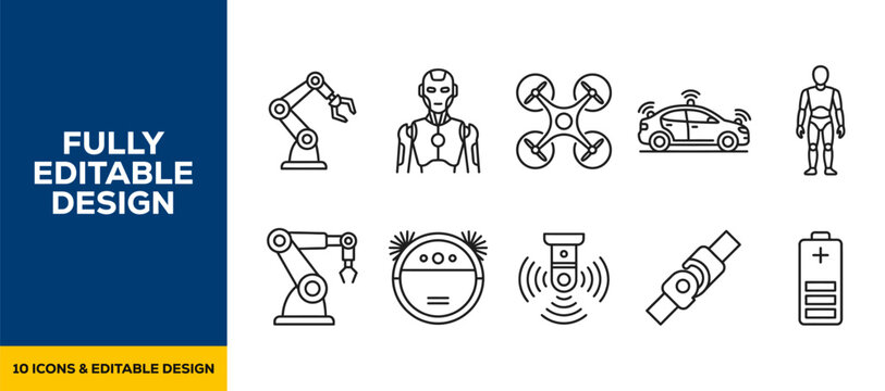 Robotic automation future AI flat line art vector icon bundle illustration design for industrial tech science machine robotic futuristic digital tech and engineering
